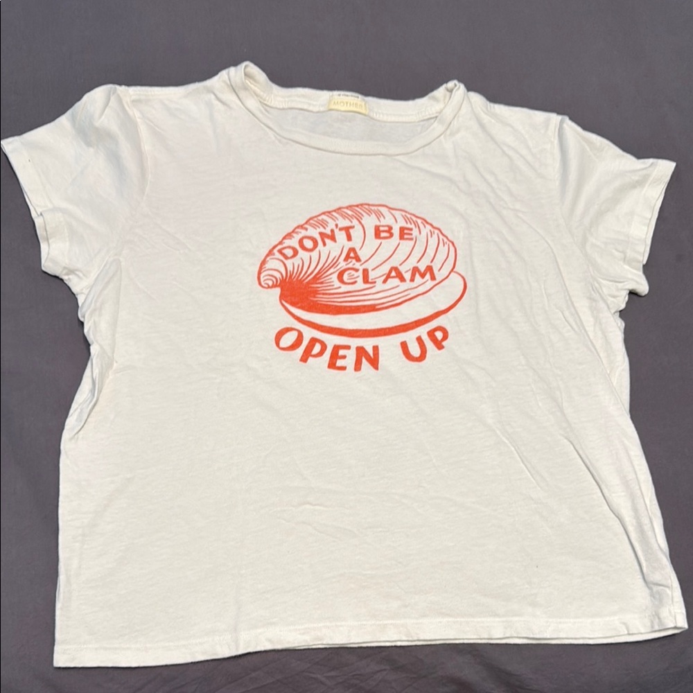 MOTHER White Tee with Coral Graphic "Don't Be A Clam Open Up"